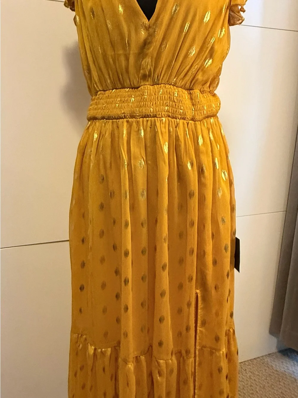 Lulus Cause to Celebrate Yellow and Gold Dot Ruffled Tiered Midi Dress, Size L - Picture 5 of 6
